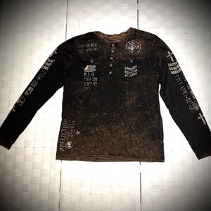 AFFLICTION Soft brown/black Long Sleeve Shirt with Unique Graphics 
 Size LG